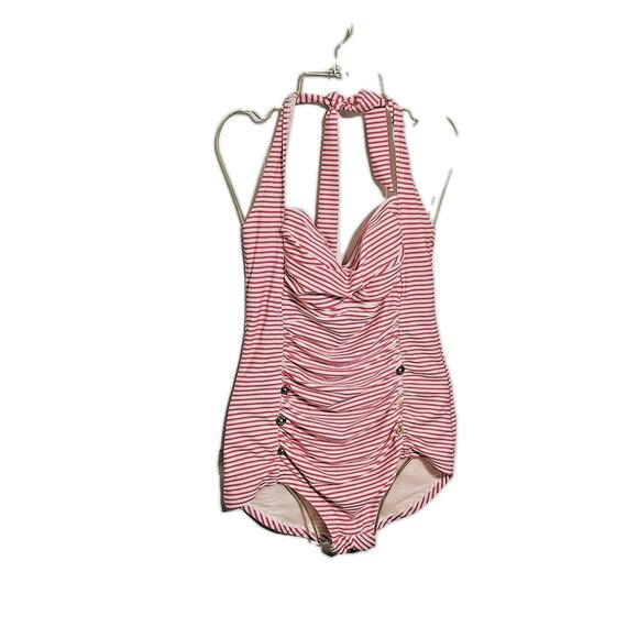 Betsey Johnson Red White & Gold Dot Striped Vintage Style Swimsuit Medium - Picture 3 of 8